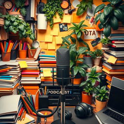 A cluttered and bustling background image for a podcast featuring a central microphone