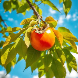 A vibrant scene featuring a kaki, also known as persimmon, hanging from a tree branch