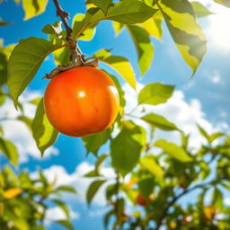 A vibrant scene featuring a kaki, also known as persimmon, hanging from a tree branch