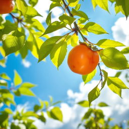 A vibrant scene featuring a kaki, also known as persimmon, hanging from a tree branch