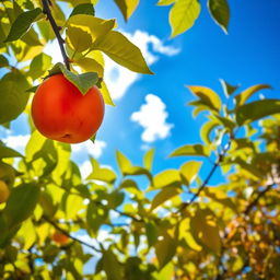 A vibrant scene featuring a kaki, also known as persimmon, hanging from a tree branch