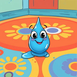 A whimsical, cartoon-style illustration of a bright blue drop of paint on a colorful, exaggerated floor