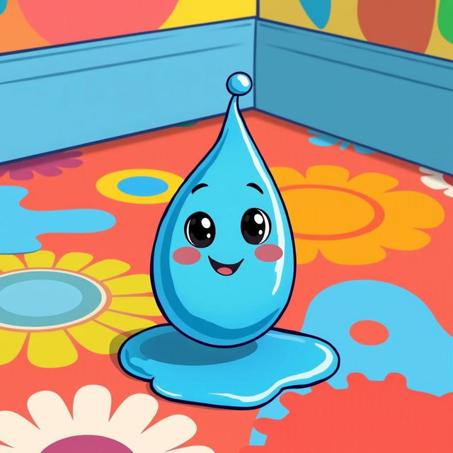 A whimsical, cartoon-style illustration of a bright blue drop of paint on a colorful, exaggerated floor