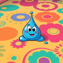 A whimsical, cartoon-style illustration of a bright blue drop of paint on a colorful, exaggerated floor