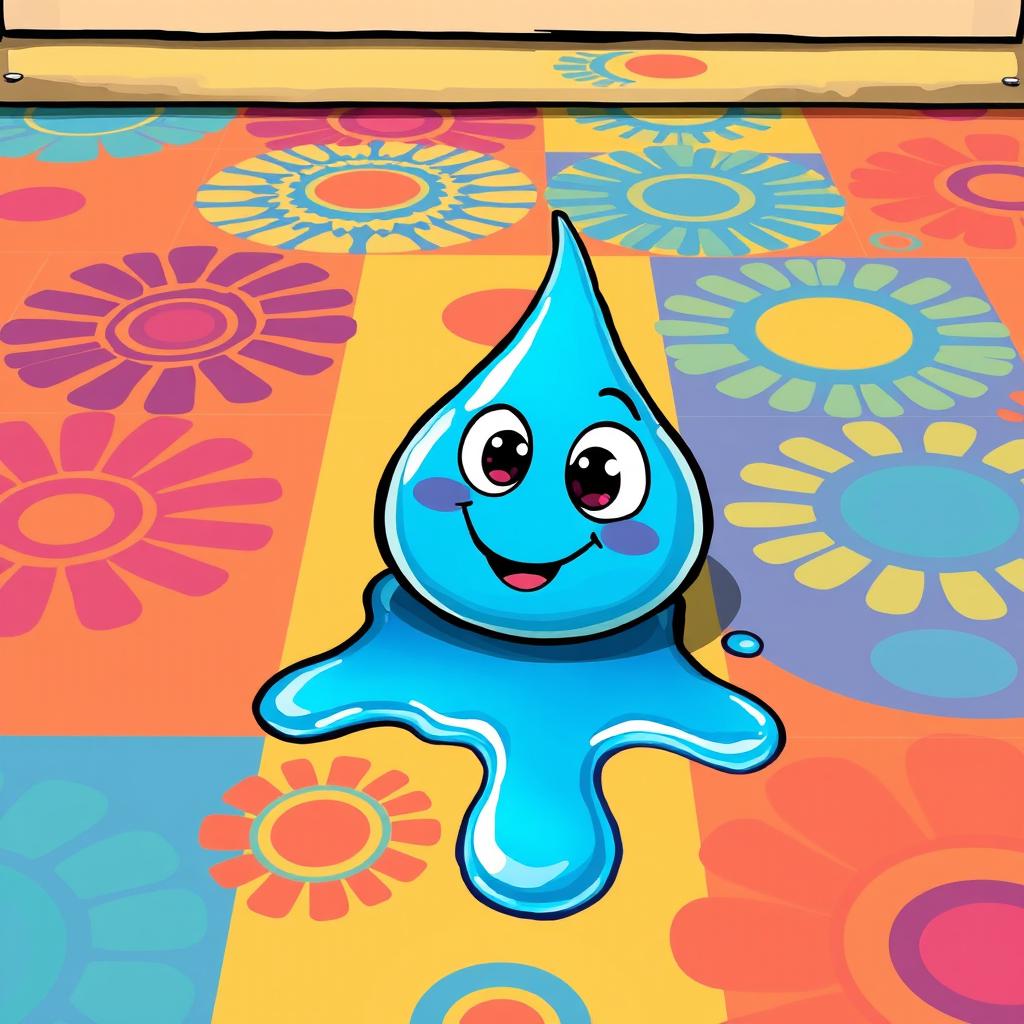 A whimsical, cartoon-style illustration of a bright blue drop of paint on a colorful, exaggerated floor