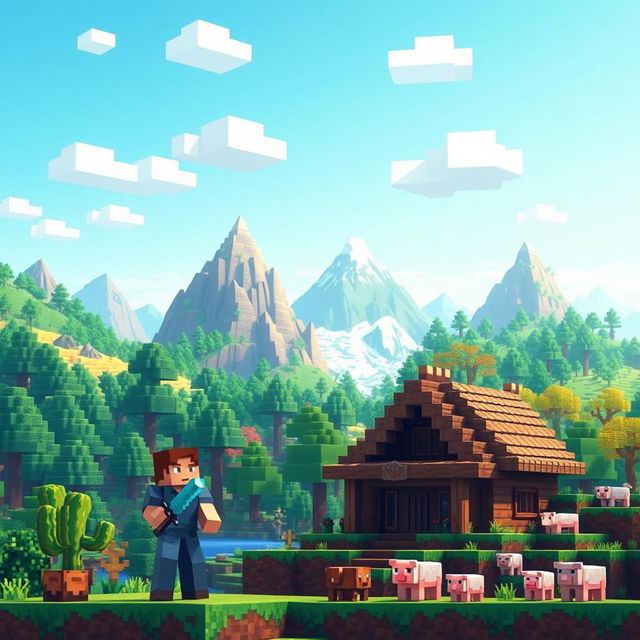 A vibrant and colorful Minecraft landscape featuring a blocky world filled with lush green forests, towering mountains, and a clear blue sky