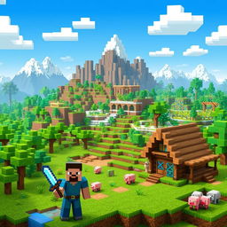 A vibrant and colorful Minecraft landscape featuring a blocky world filled with lush green forests, towering mountains, and a clear blue sky