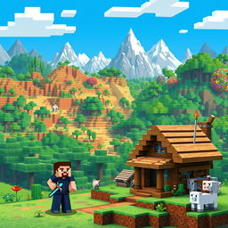 A vibrant and colorful Minecraft landscape featuring a blocky world filled with lush green forests, towering mountains, and a clear blue sky