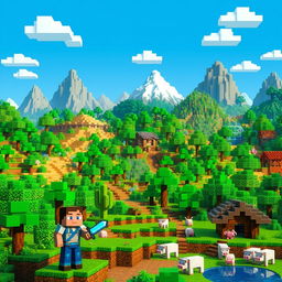 A vibrant and colorful Minecraft landscape featuring a blocky world filled with lush green forests, towering mountains, and a clear blue sky