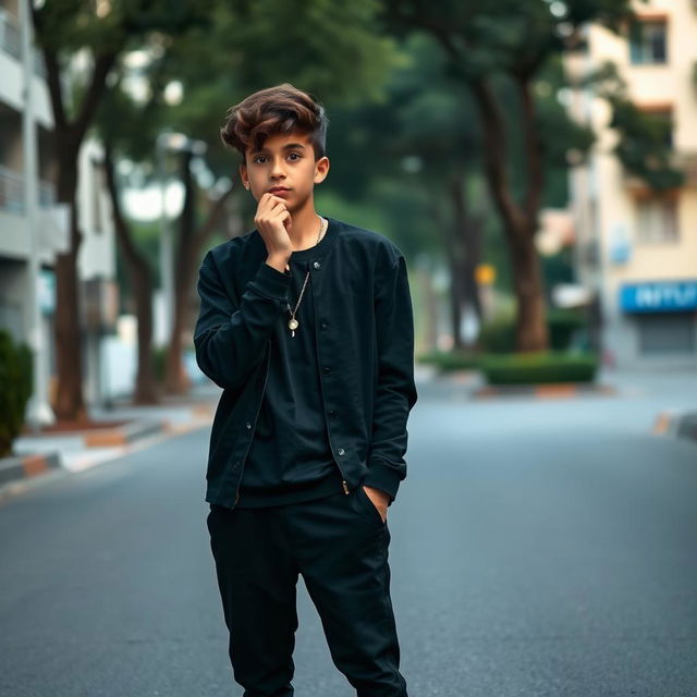 A teenage boy deep in thought, wearing a stylish black outfit and eye-catching green athletic shoes