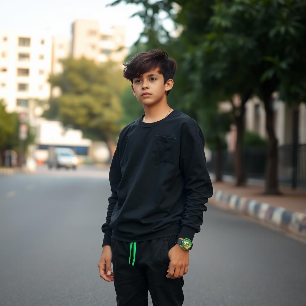 A teenage boy deep in thought, wearing a stylish black outfit and eye-catching green athletic shoes