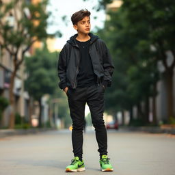 A teenage boy deep in thought, wearing a stylish black outfit and eye-catching green athletic shoes