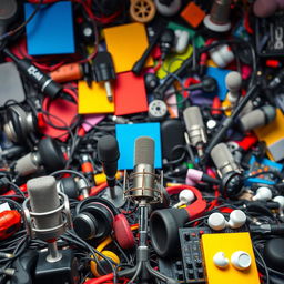 A busy and dynamic background featuring various podcasting equipment such as microphones, headphones, and minimalistic earbuds