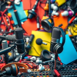 A busy and dynamic background featuring various podcasting equipment such as microphones, headphones, and minimalistic earbuds