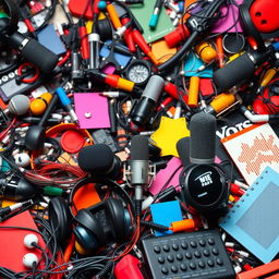 A busy and dynamic background featuring various podcasting equipment such as microphones, headphones, and minimalistic earbuds