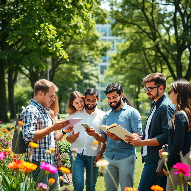 A group of diverse, motivated people gathered together in a vibrant city park during a sunny day, with lush green trees and colorful flowers surrounding them