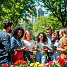 A group of diverse, motivated people gathered together in a vibrant city park during a sunny day, with lush green trees and colorful flowers surrounding them