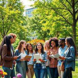 A group of diverse, motivated people gathered together in a vibrant city park during a sunny day, with lush green trees and colorful flowers surrounding them