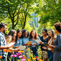 A group of diverse, motivated people gathered together in a vibrant city park during a sunny day, with lush green trees and colorful flowers surrounding them