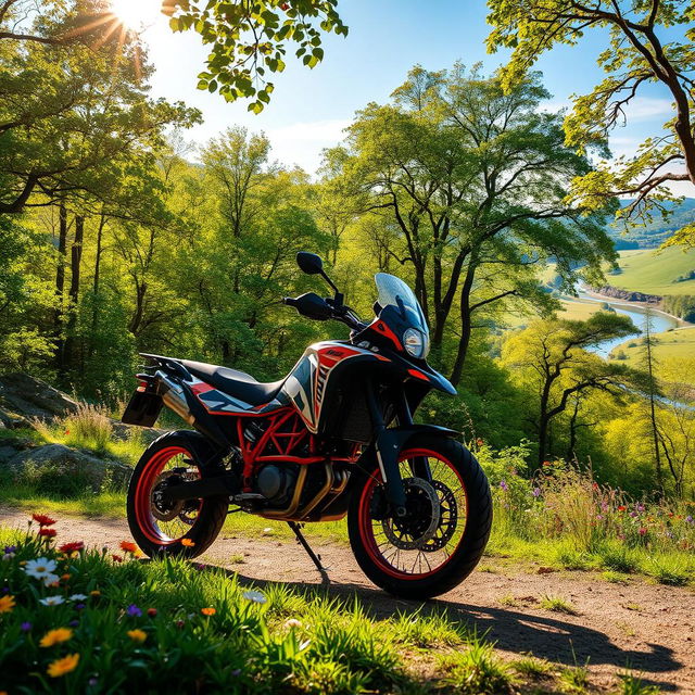 A stunning nature background featuring a KTM Adventure motorcycle parked on a dirt path