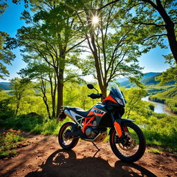 A stunning nature background featuring a KTM Adventure motorcycle parked on a dirt path