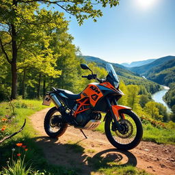 A stunning nature background featuring a KTM Adventure motorcycle parked on a dirt path