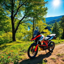 A stunning nature background featuring a KTM Adventure motorcycle parked on a dirt path