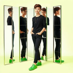 A smart teenager wearing black clothes and green shoes, reflecting a unique style