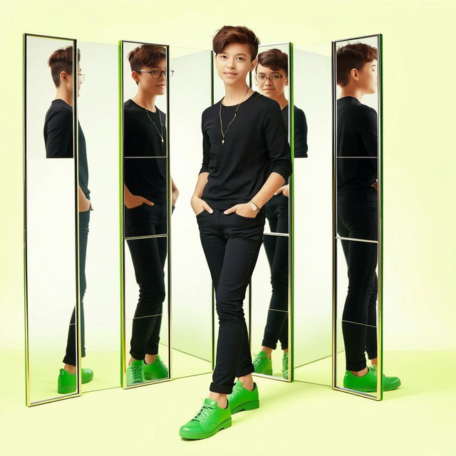 A smart teenager wearing black clothes and green shoes, reflecting a unique style