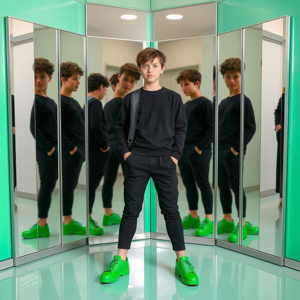 A smart teenager wearing black clothes and green shoes, reflecting a unique style