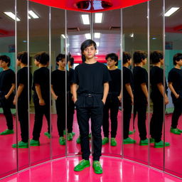 A smart teenager wearing black clothes and green shoes, reflecting a unique style