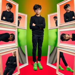 A smart teenager wearing black clothes and green shoes, reflecting a unique style