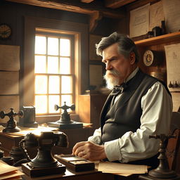 A historical scene depicting Alexander Graham Bell in his workshop, intently working on the first telephone