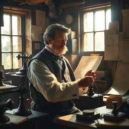 A historical scene depicting Alexander Graham Bell in his workshop, intently working on the first telephone