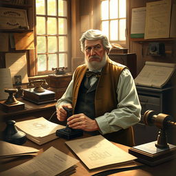 A historical scene depicting Alexander Graham Bell in his workshop, intently working on the first telephone