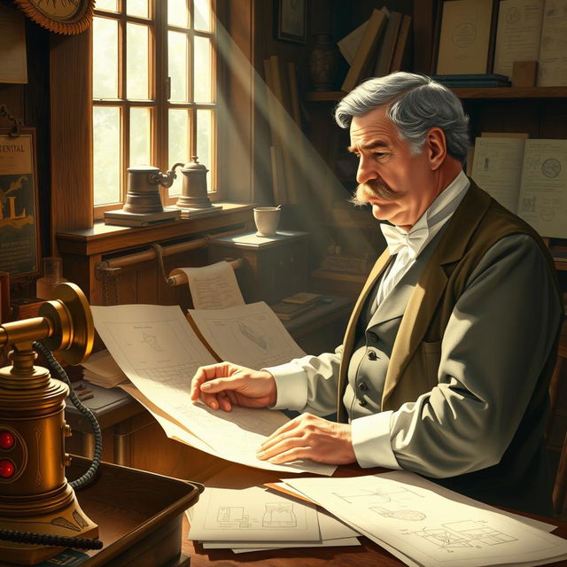 A historical scene depicting Alexander Graham Bell in his workshop, intently working on the first telephone