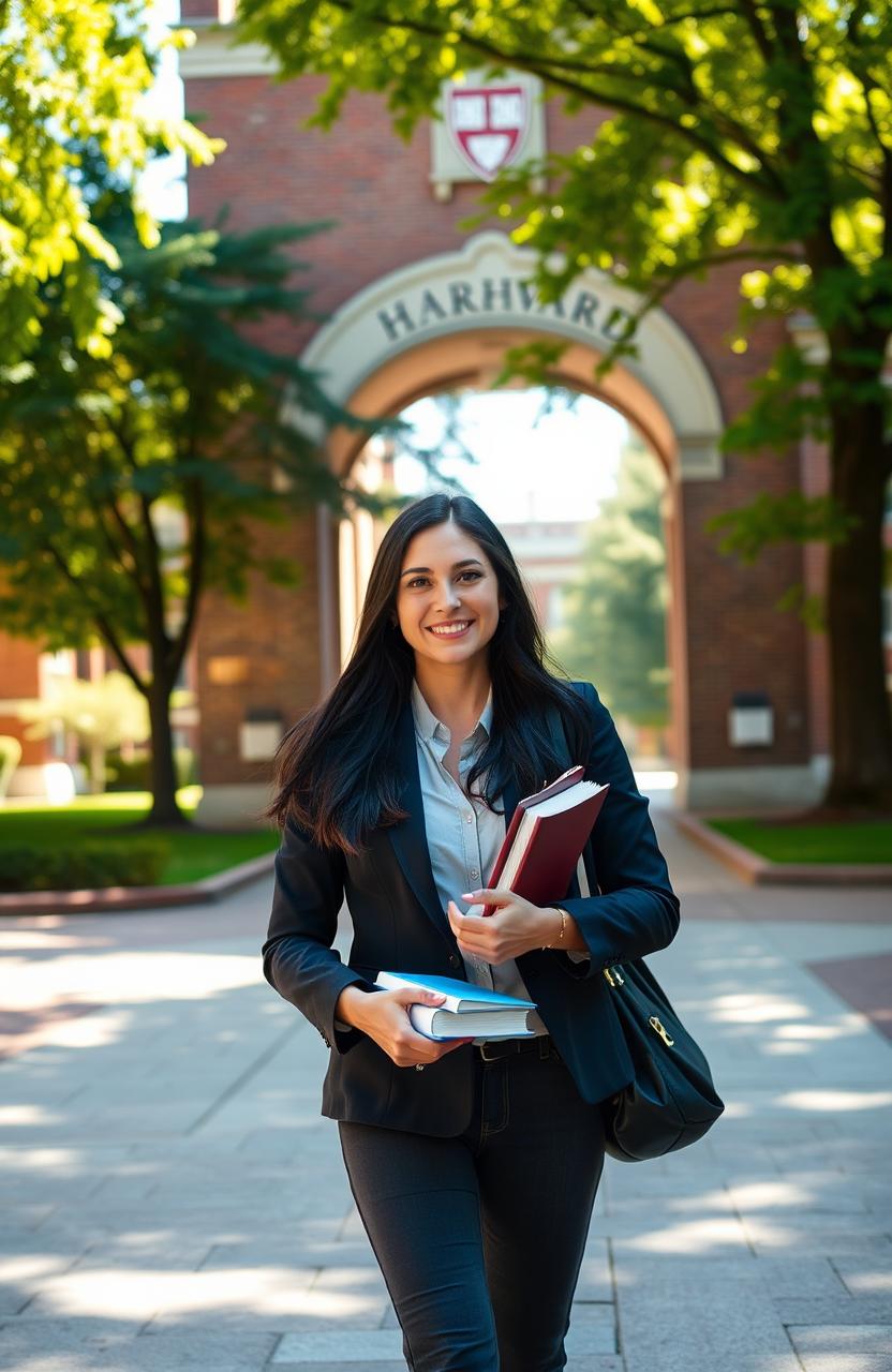 A young woman confidently walking towards the iconic Harvard University entrance, dressed in a stylish yet professional outfit, carrying a stack of books