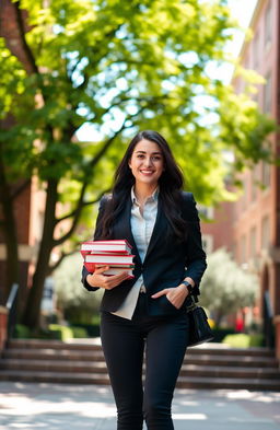 A young woman confidently walking towards the iconic Harvard University entrance, dressed in a stylish yet professional outfit, carrying a stack of books