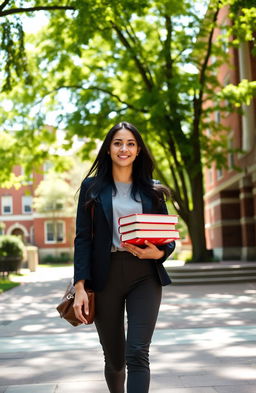 A young woman confidently walking towards the iconic Harvard University entrance, dressed in a stylish yet professional outfit, carrying a stack of books