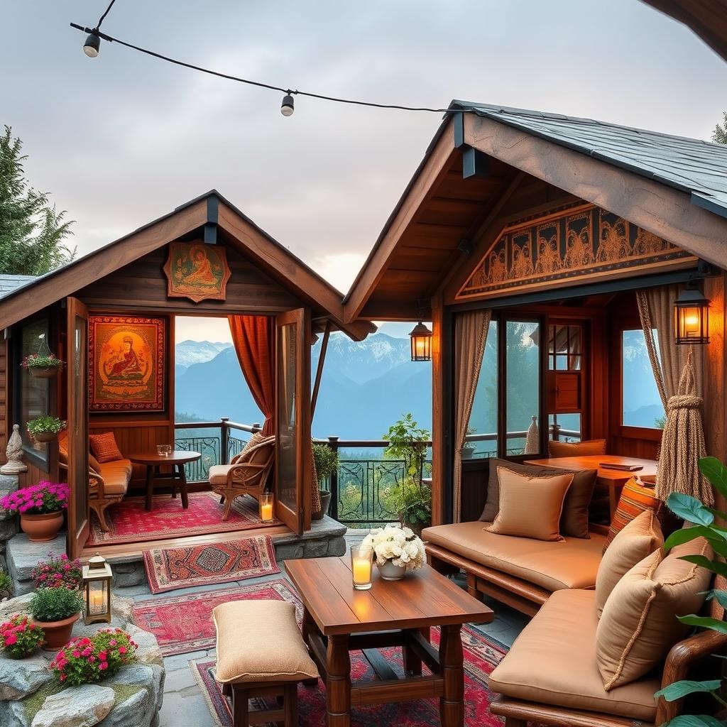 A beautifully designed cafe located in Nepal featuring separate cozy cabins