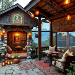 A beautifully designed cafe located in Nepal featuring separate cozy cabins