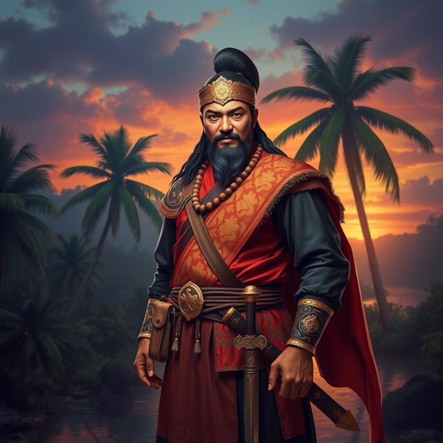 An artistic interpretation of the legendary Malay warrior Hang Tuah, standing proudly in traditional Malay attire, complete with a sword and a striking kris