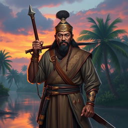 An artistic interpretation of the legendary Malay warrior Hang Tuah, standing proudly in traditional Malay attire, complete with a sword and a striking kris