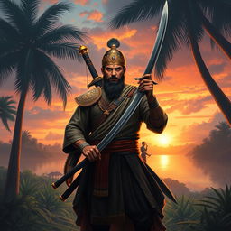 An artistic interpretation of the legendary Malay warrior Hang Tuah, standing proudly in traditional Malay attire, complete with a sword and a striking kris