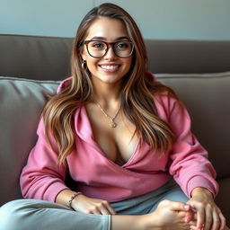 A 25-year-old woman with long light brown hair, a round face adorned with freckles, and a captivating smile