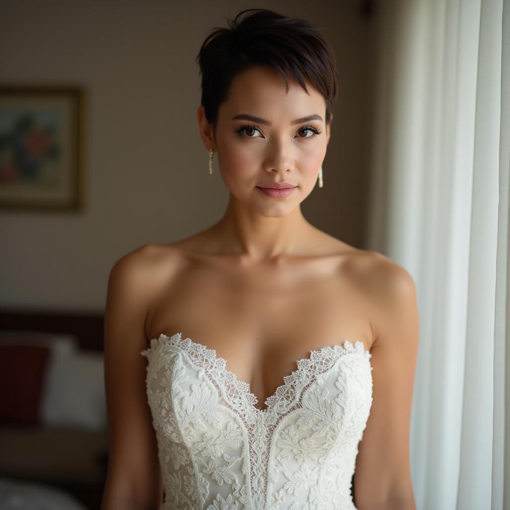 A beautiful busty woman with short pixie hair, elegantly modeling a strapless white lace wedding dress that tastefully showcases her curves