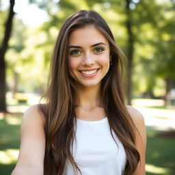 A portrait of a beautiful young woman with long, flowing brunette hair, wearing a casual white tank top