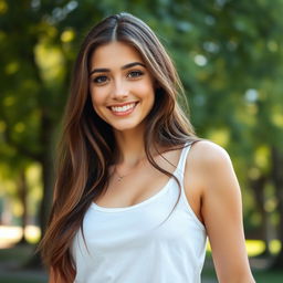 A portrait of a beautiful young woman with long, flowing brunette hair, wearing a casual white tank top