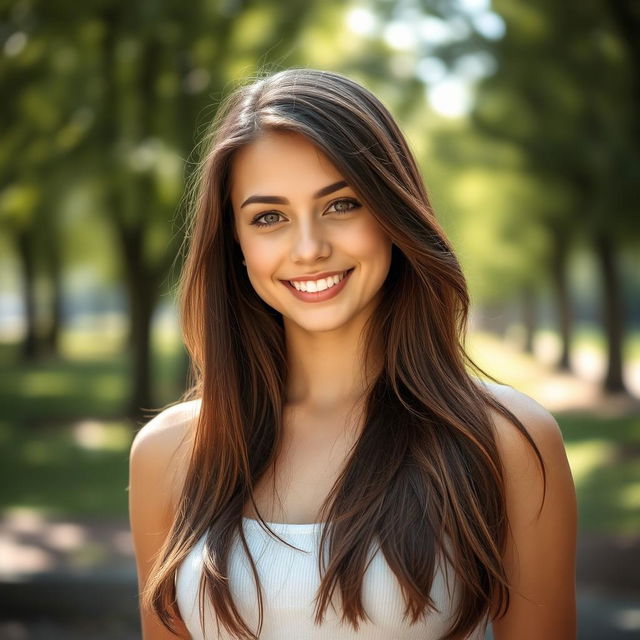 A portrait of a beautiful young woman with long, flowing brunette hair, wearing a casual white tank top