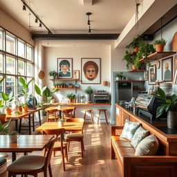 A modern, cozy cafe interior design featuring rustic wooden furniture, eclectic decor, and vibrant plants